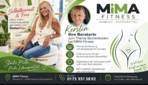 Laechelnde blonde Frau auf Beckenbodenstuhl mit Werbung fuer MiMA Fitness